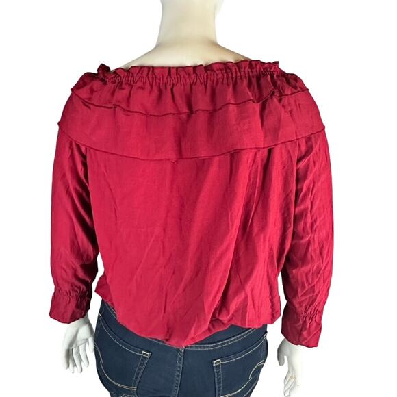 Elliott & Vine Womans Sz 2X Plus Blouse Maroon Ruffle Knotted Button Front - Picture 7 of 7